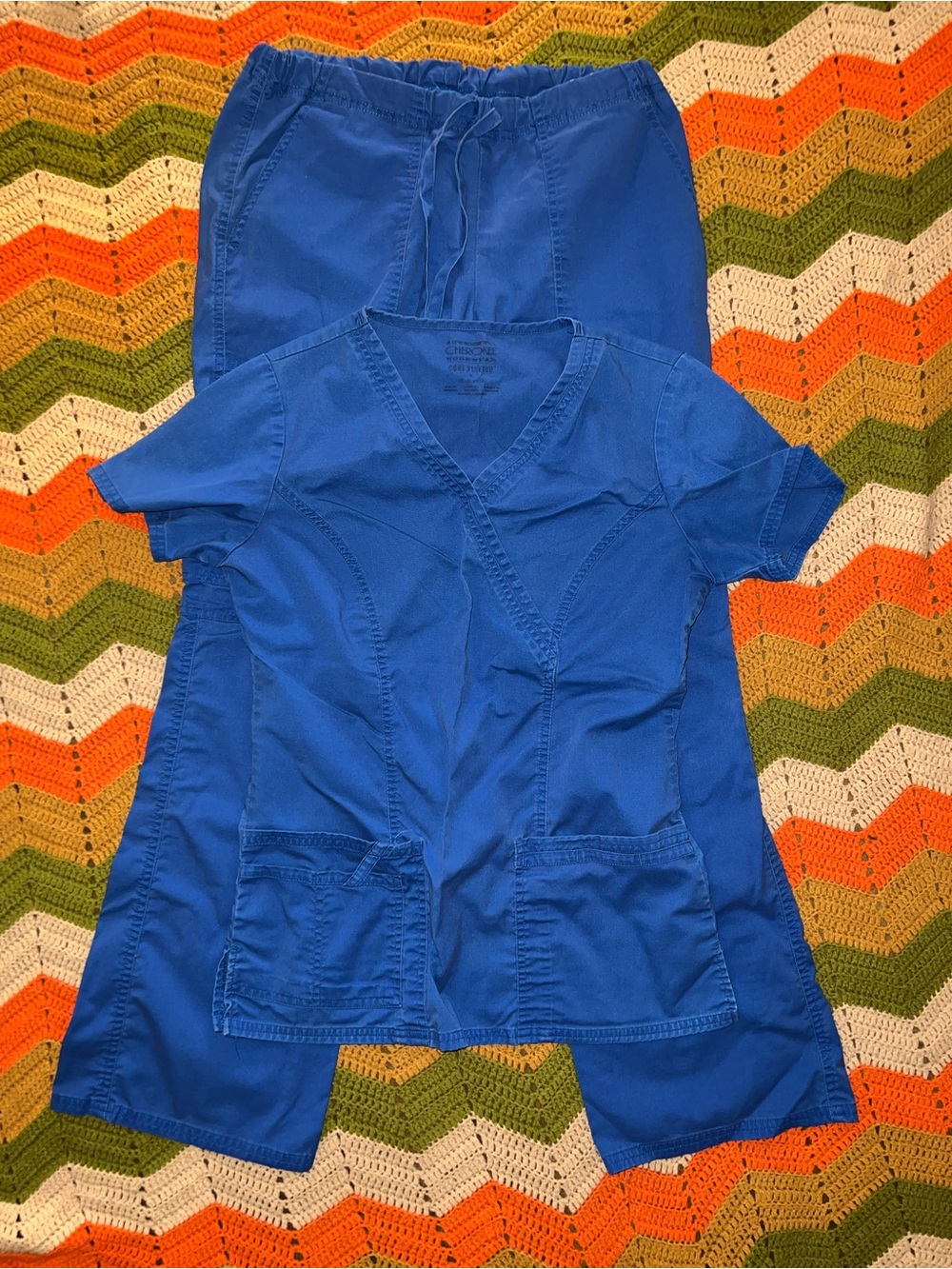 Cherokee Workwear Core Stretch Scrub Set Short Sleeve Flare Pants Royal Blue XS
